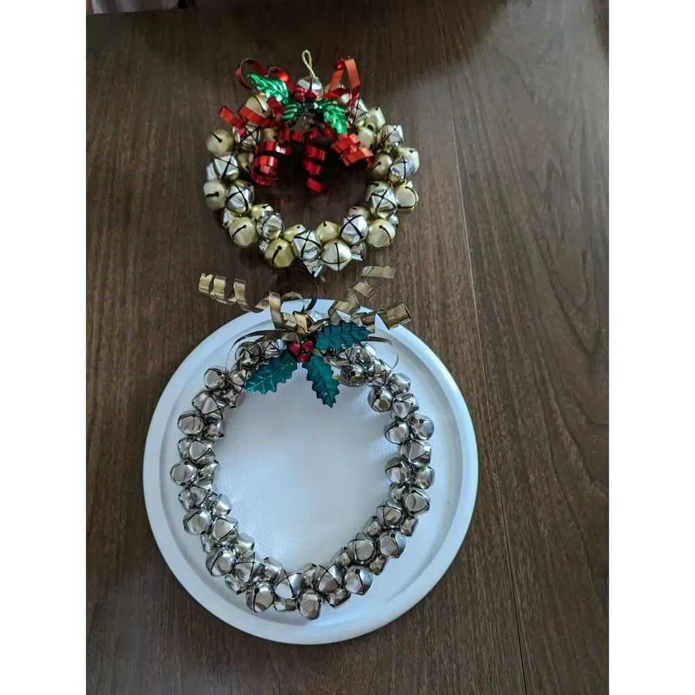 Bundle of two (2) Christmas hanging jingle sleigh bell metal wreaths